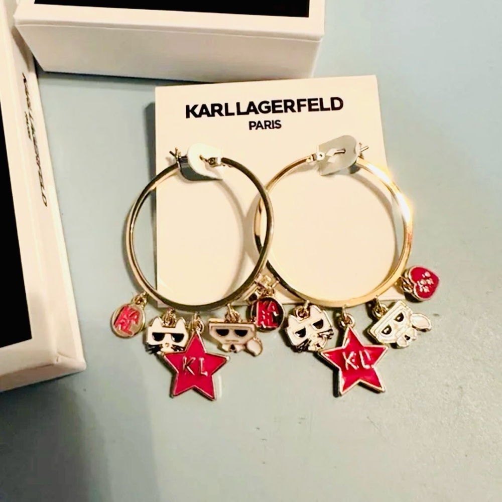 Karl Lagerfeld Gold Hoop Earrings with Hot Pink Star & Charms - Picture 2 of 3